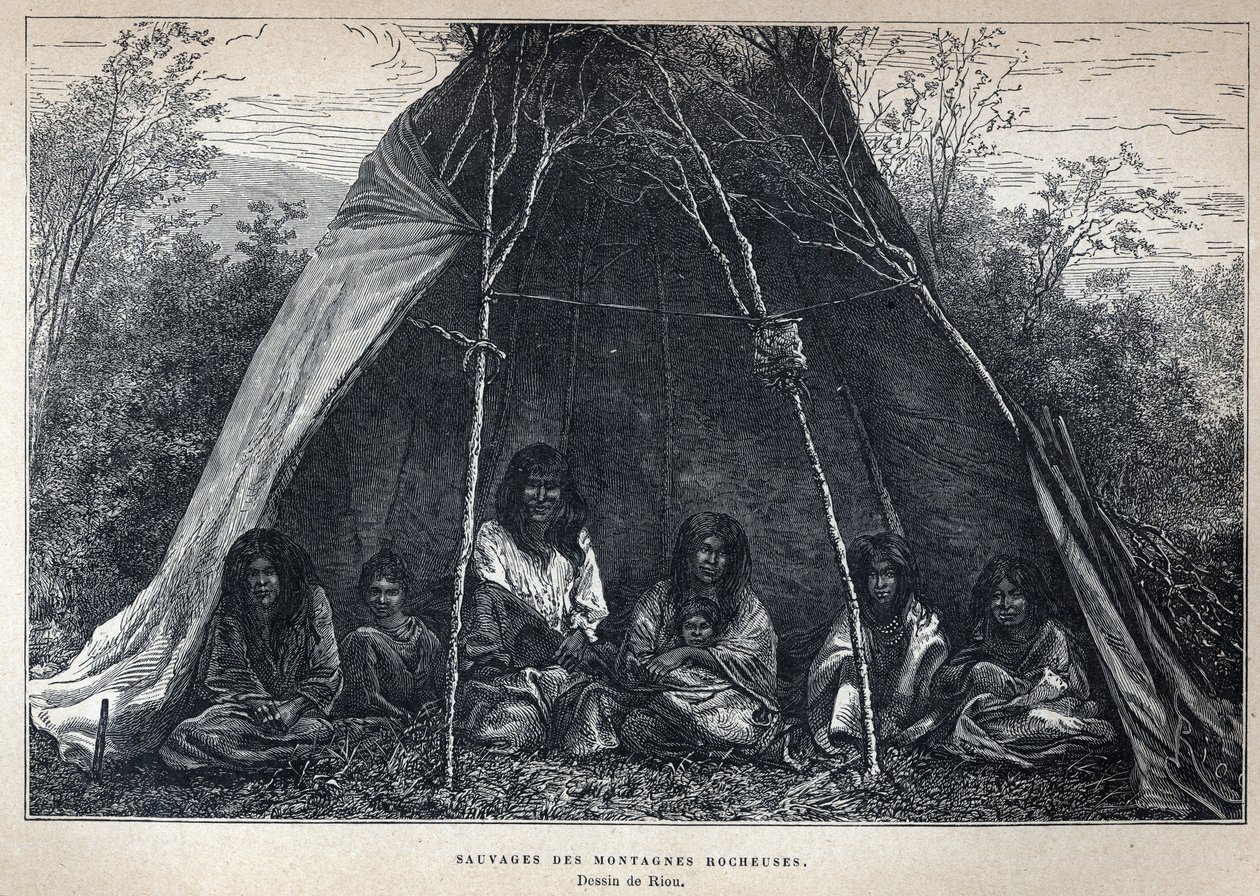 Kanadasta löydetty: Kalliovuorilla asuvat Amerikan intiaanit. Kaiverrus 1800-luvun lopusta Eugene Gueninin teokseen "La nouvelle France". tekijältä French School