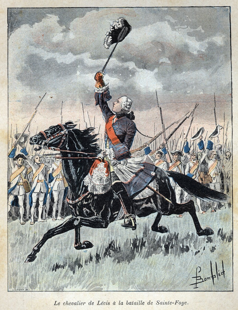 Löydettiin Kanadasta: Francois Gaston dit Chevalier de Levis (1719-1787) rohkaisee sotilasjoukkojaan Saint Foyn (Sainte-Foy) taistelussa 27. huhtikuuta 1760 Englantia vastaan. Kaiverrus 1800-luvun lopusta Eugenin teokseen "La nouvelle France". tekijältä French School