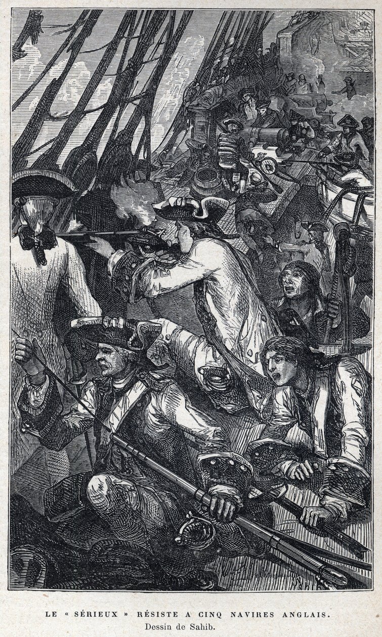 Löydettiin Kanadasta: Jacques Pierre de Taffanel de la Jonquiere (1685-1752) ranskalaisen laivaston upseeri ranskalaisen "" Le serieux" -aluksen johdossa vastusti viittä englantilaista alusta. Piirustus Sahib. Kaiverrus 1800-luvun lopulta kirjassa "La nouv tekijältä French School