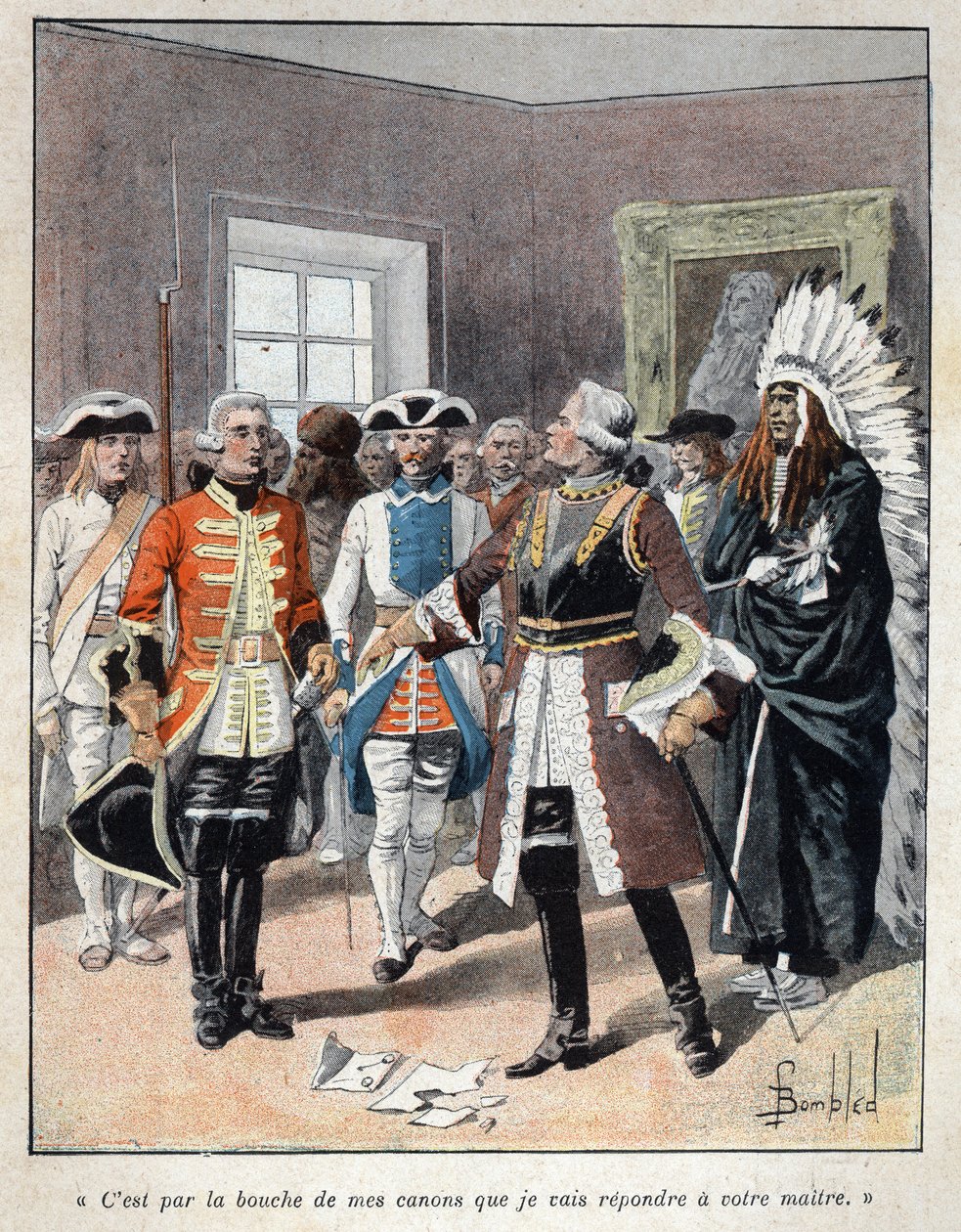 Löydettiin Kanadasta: Louis de Buade, Frontenacin kreivi (1622-1698) otti vastaan Massachusettsin siirtokunnan englantilaisen kuvernöörin (1651-1695) William Phipin lähettiläs ja vastasi hänelle: "" Aseideni suulla minä vastaa herrallesi" tekijältä French School