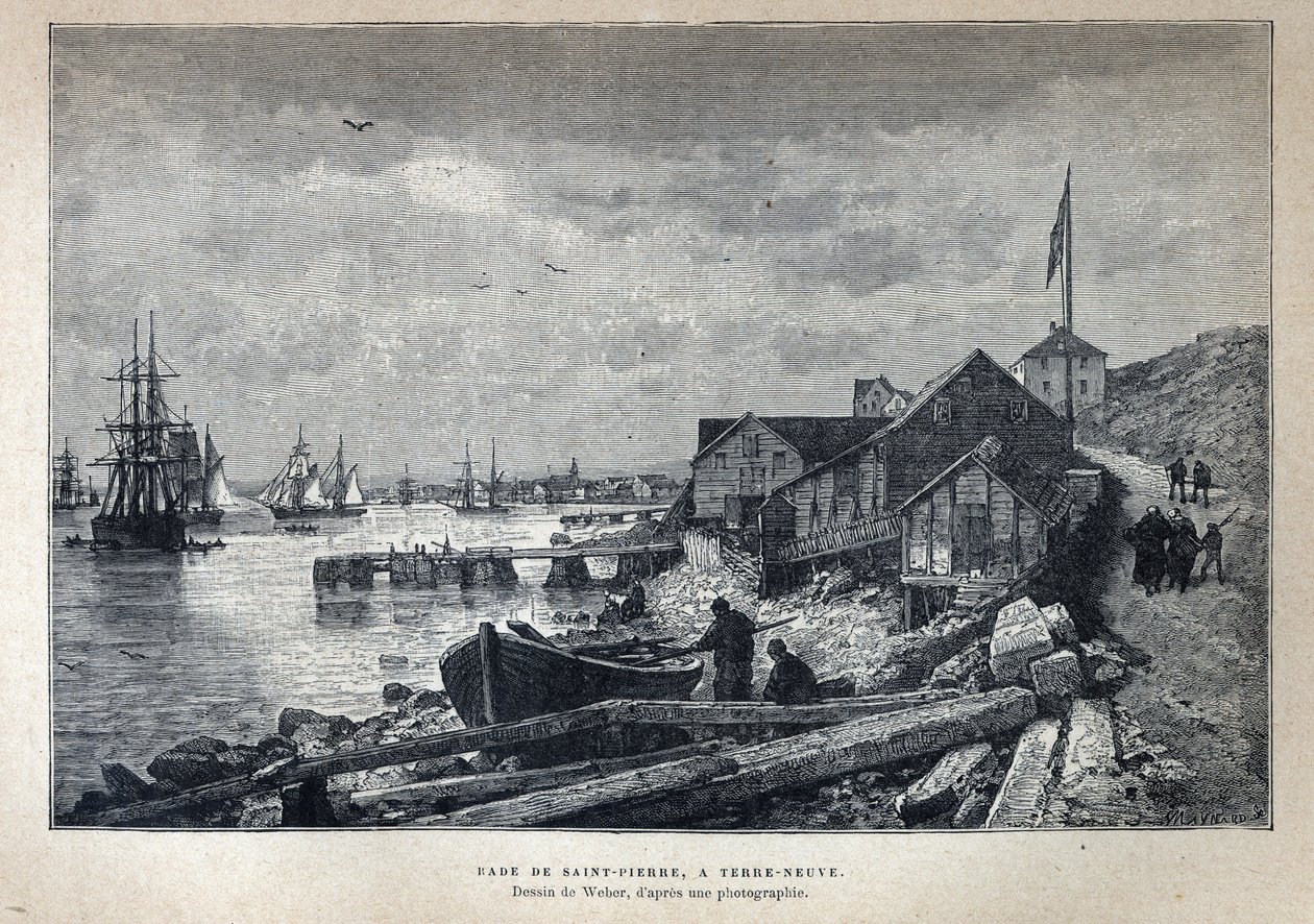 Löydettiin Kanadasta: Pietarin satamasta (St. Pierre) Newfoundlandiin, Newfoundlandiin. Weberin piirustus valokuvasta. Kaiverrus 1800-luvun lopusta Eugene Gueninin teokseen "La nouvelle France". tekijältä French School