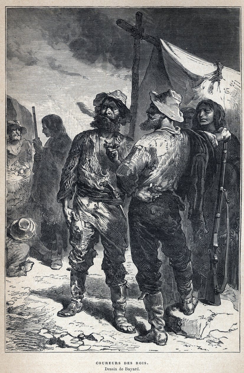 Löydetty Kanadasta: coureur des bois (osallistui turkiskauppaan amerikkalaisten kanssa). Bayardin piirustus. Kaiverrus 1800-luvun lopusta Eugene Gueninin teokseen "La nouvelle France". tekijältä French School