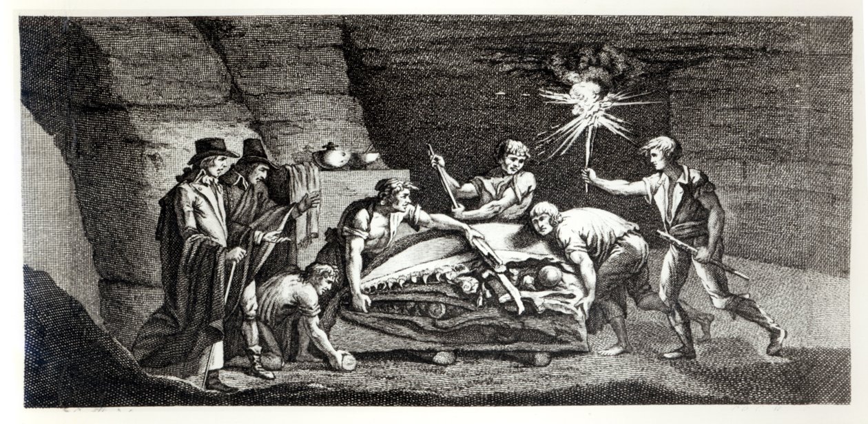 Esihistoriallisen eläimen luiden löytäminen, kuvitus Histoire naturelle de la Montagne Saint-Pierre de Maastrichtista, Barthelemy Faujas de Saint Fond (1743-1819) 1799 tekijältä French School