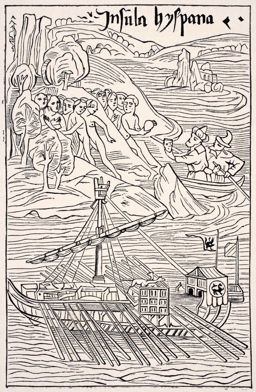Santo Domingon löytö, Insula Hyspana, Christopher Columbus, Epistola Christoferi Colomin puukaiverruksen faksimile, Paul Lacroix -pubin Science and Literature in the Middle Ages. Lontoo 1878 tekijältä French School