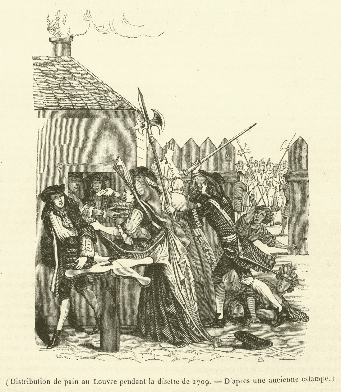 Leivän jakelu Louvressa vuoden 1709 elintarvikepulan aikana (kaiverrus). tekijältä French School