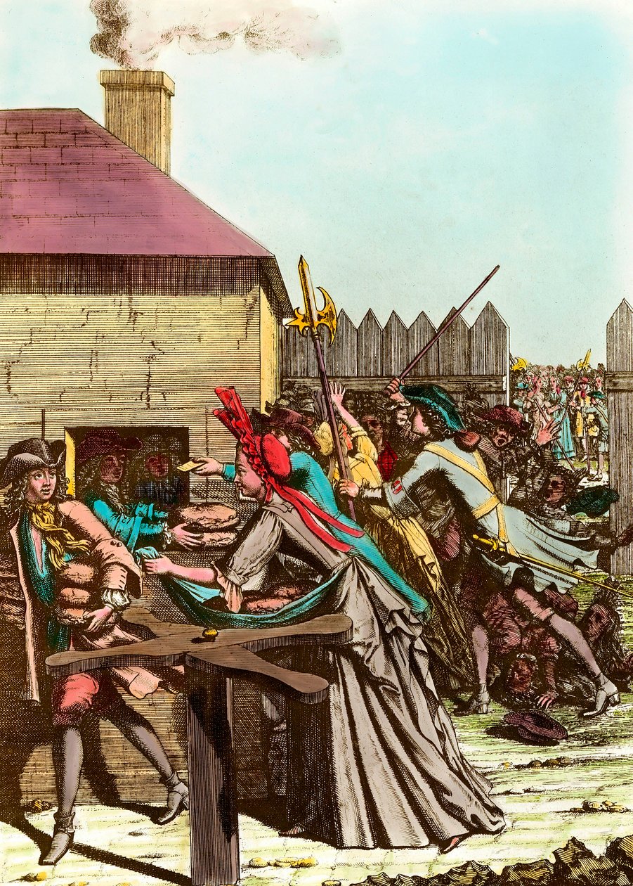 Kuninkaanleivän jakelu Louvressa vuonna 1709 suuren talven jälkeen, joka aiheutti viljan hinnan nousun ja suuret nälänhädät. Kaiverrus 1700-luvun lopulta. Yksityinen kokoelma tekijältä French School