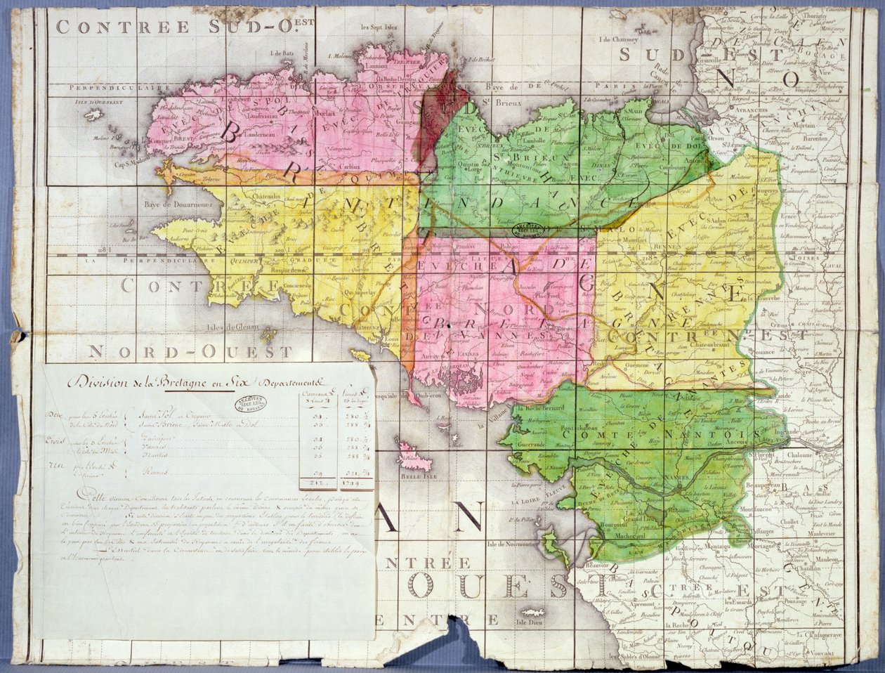 Bretagnen jako kuuteen departementtiin, n. 1789-1790 (värilitho) tekijältä French School