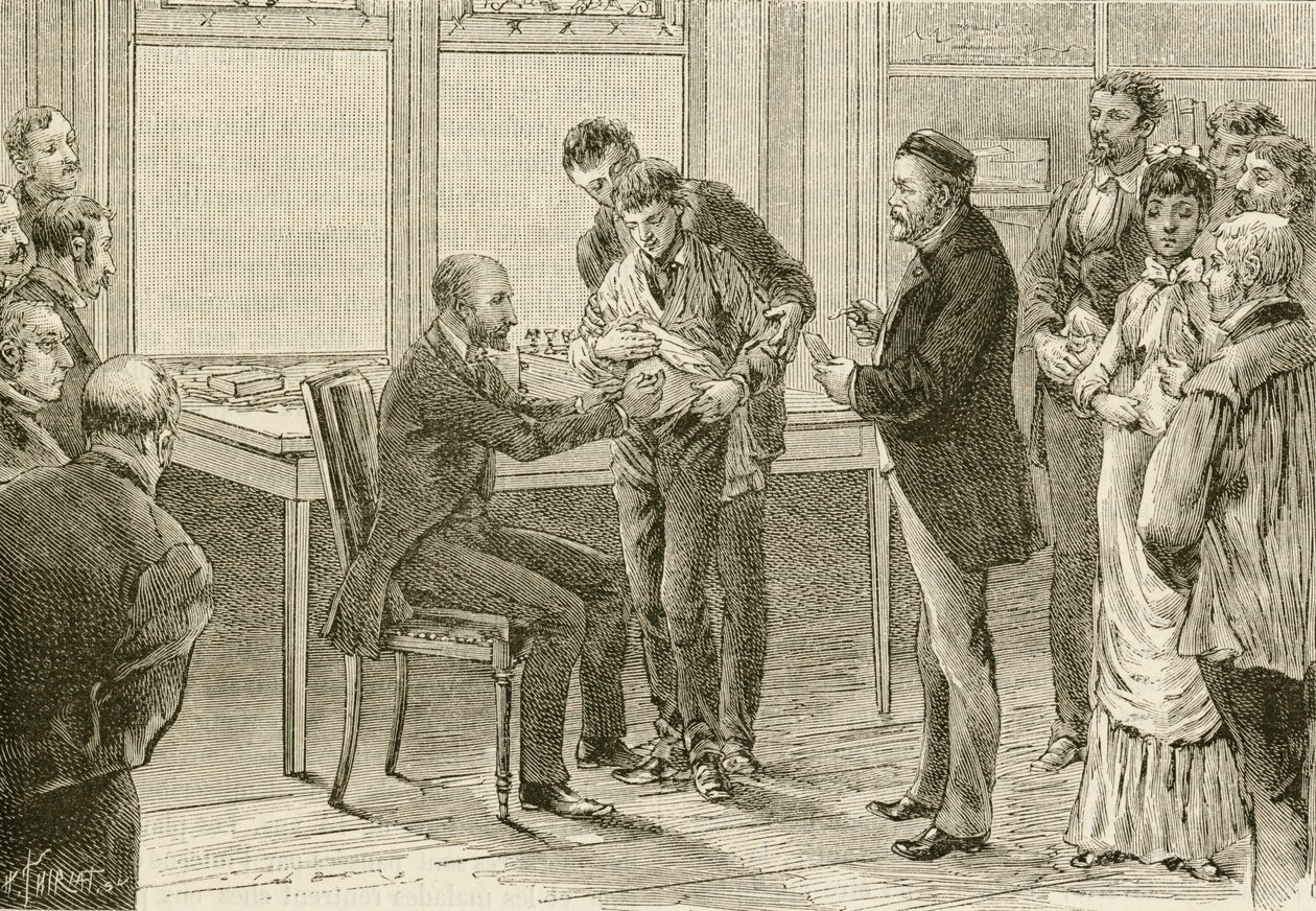 Tohtori Pasteur tutkii raivotautitartunnan saanutta poikaa. 1800-luku (kaiverrus) tekijältä French School