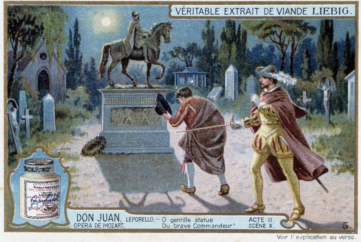 Don Juan: II näytös, kohtaus X, Don Juan hautausmaalla ja komentajan patsas - chromo Liebig tekijältä French School