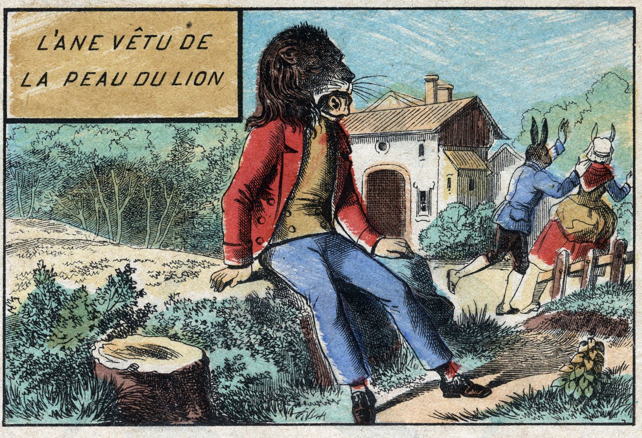 Aasi yllään leijonan iholla. Jean de La Fontainen (1621-95) satuja. Epinalin kuva 1800-luvun lopulta. tekijältä French School
