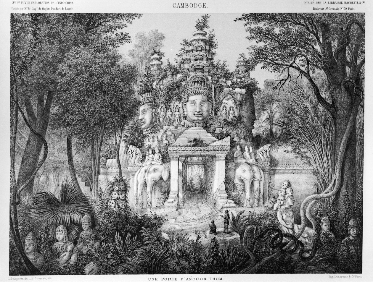 Angkor Thomin portti, kuva Atlas du voyage d’exploration en Indochine, 1866-68, Doudart de Lagree, julkaistu 1873, Paris, Hachette tekijältä French School