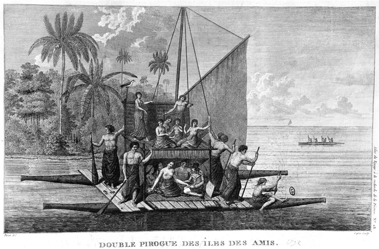 Kaksinkertainen Pirogue of the Friendly Islands, kuva Atlas du Voyage a la recherche de La Perouse, 1792 tekijältä French School