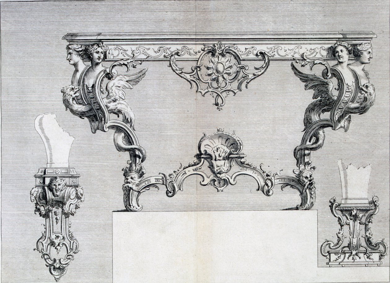 Kaksihaarainen kynttilänjalka rokokoolla ja klassisilla elementeillä, Duhamelin koonnut uusklassisista metallityökuvioista n. 1770-80-luvuilla tekijältä French School