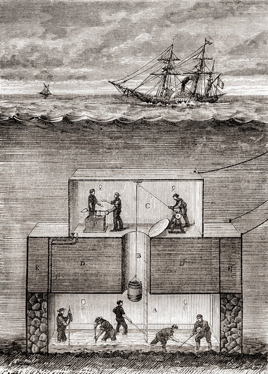 Tohtori Antoine Prosper Payernen 1800-luvun sukellusvenehöyrylaiva, nimeltään "Pyrhydrostat", "Les Merveilles de la Science", julkaistu noin 1870 (kaiverrus) tekijältä French School