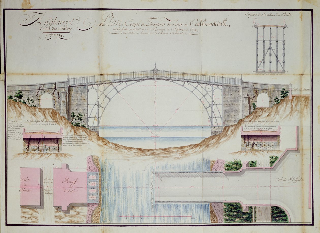 Piirustukset ja poikkileikkaus Rautasillasta, joka rakennettiin vuonna 1779 Coalbrookdalessa, Shropshiressa, Englannissa, 1784 (kynä, muste ja wc paperilla) tekijältä French School
