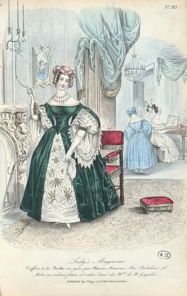 Mekko pelkkää samettia ja ontuvaa satiinia, pariisilainen muotilautanen The Ladys Magazinesta, julkaistu Lontoossa, 1831 tekijältä French School