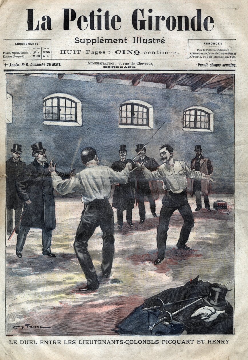 Dreyfusin tapaus: everstiluutnantti Georges Picquartin (1854-1914) ja Hubert Henryn (1846-1898) kaksintaistelu sotakoulussa Pariisissa. Kansi "La petite Gironde" maaliskuulta 1898 (kaiverrus) tekijältä French School