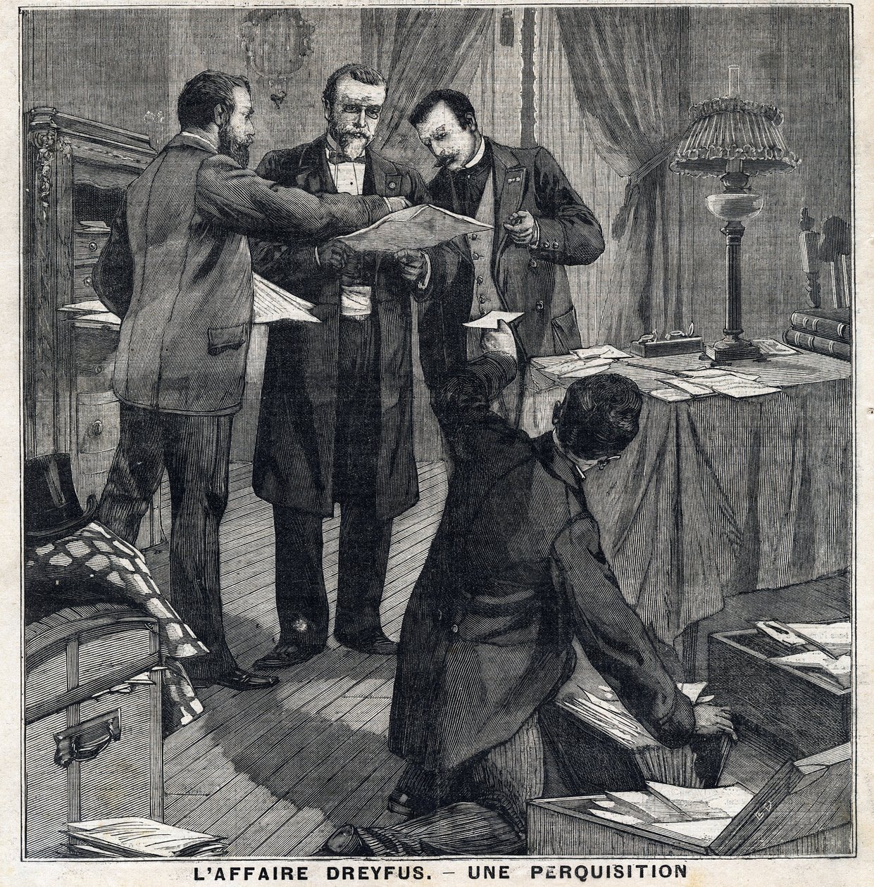 Dreyfus-tapaus: Kolme tavallista pukeutunutta upseeria ja poliisikomissaari suorittavat etsintä Georges Picquartin (1854-1914) kotona. "" Le Peute Parisien" -julkaisussa 12.5.1897. Yksityinen kokoelma tekijältä French School