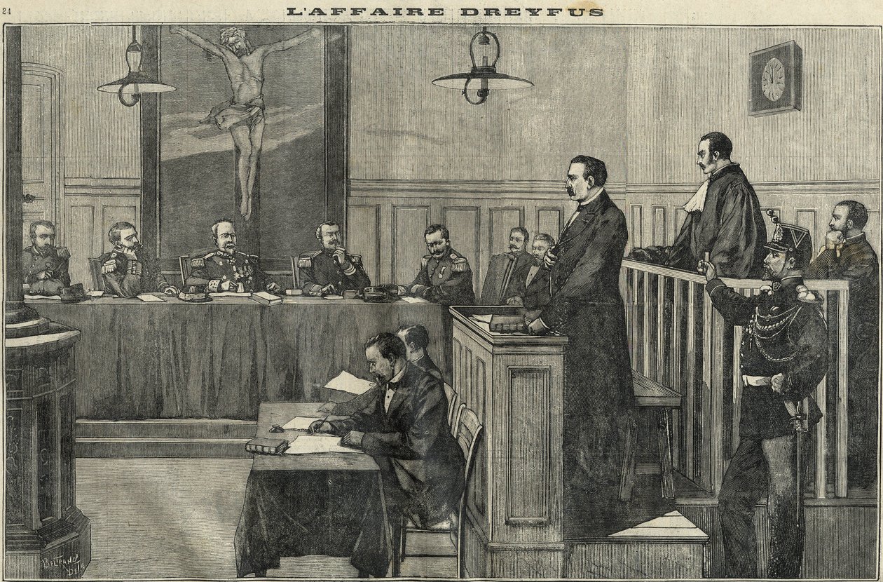 Dreyfusin tapaus vuonna 1898: Sotaneuvoston kuuleminen: komentaja Esterhazyn oikeudenkäynti. Kaiverrus ”Le petit parisien” vuodelta 1898. tekijältä French School
