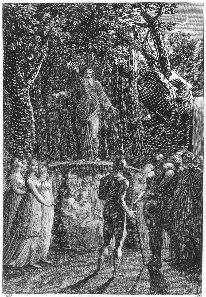 Druidit Bretagnessa, kuvitus teoksesta Voyage dans le Finistere, Jacques Cambry, Pariisi, julkaistu 1801 tekijältä French School
