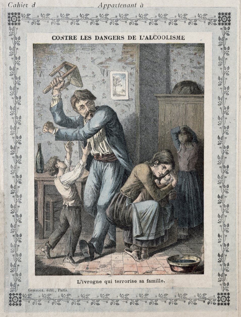 Juoppo terrorisoi perhettään, koulun harjoituskirjan kansi. noin 1900 tekijältä French School