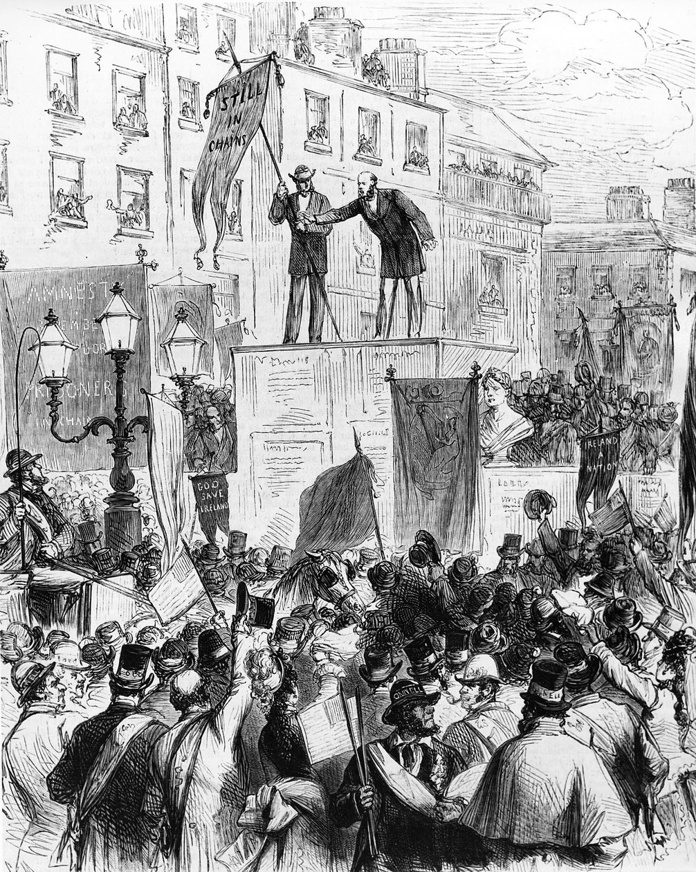 Dublin – Daniel OConnellin syntymän satavuotisjuhlat: herra Sullivan kansanedustaja, saarnaa ihmisiä Sackville Streetillä, Le Monde Illustrésta, 1875 tekijältä French School