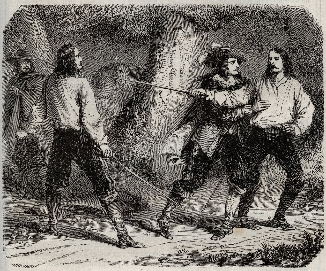Kaksintaistelussa miekka on Cahuzacin varakreivi ja Gesvresin markiisi, jonka Ranskan kuningatar Anne Itävalta on rakastunut Vincennesin metsissä. 17. vuosisata. Kaiverrus vuodelta 1871 Henry de Kockin (1819-1892) teokseen "Histoire Des Cocuses Celebres". tekijältä French School
