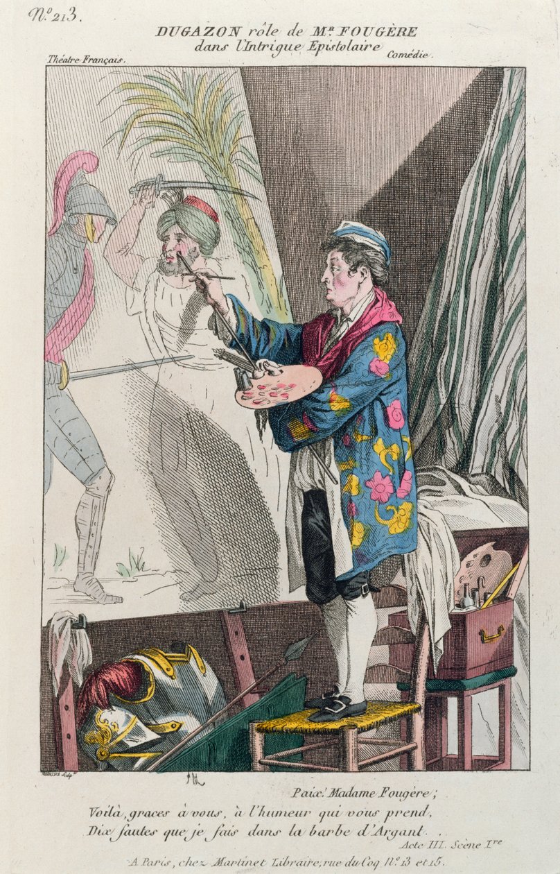 Dugazon taidemaalari Fougèren roolissa elokuvassa Intrigue Epistolaire, tuotettu Pariisissa Théâtre Françaisissa, 1799 (värikaiverrus) tekijältä French School