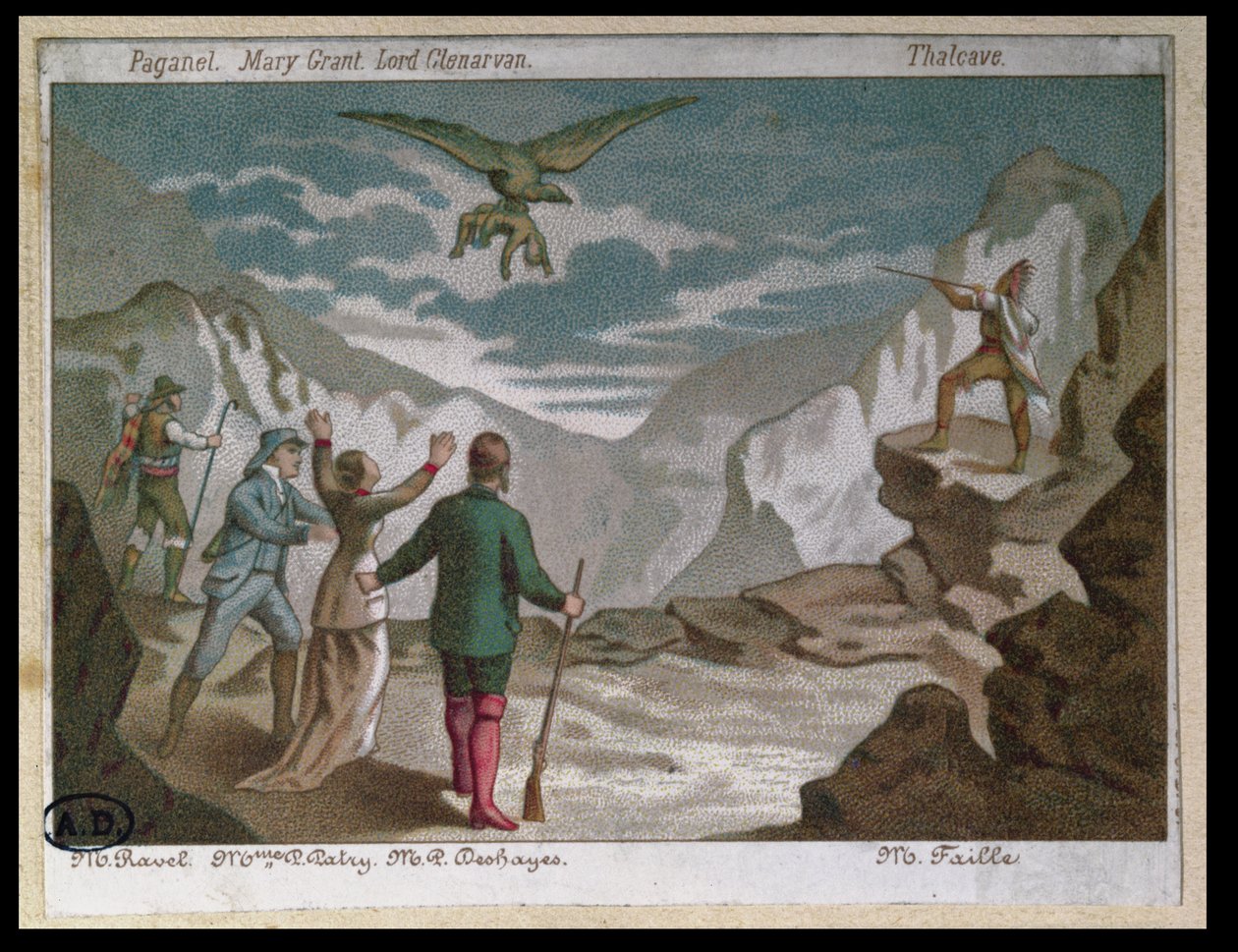 Eagle Carrying a Child Away, vinjetti, joka kuvaa näytelmää, joka on muokattu Jules Vernen romaanista "Kapteeni Grantin lapset" (värilitho) (yksityiskohta numerosta 163140) tekijältä French School