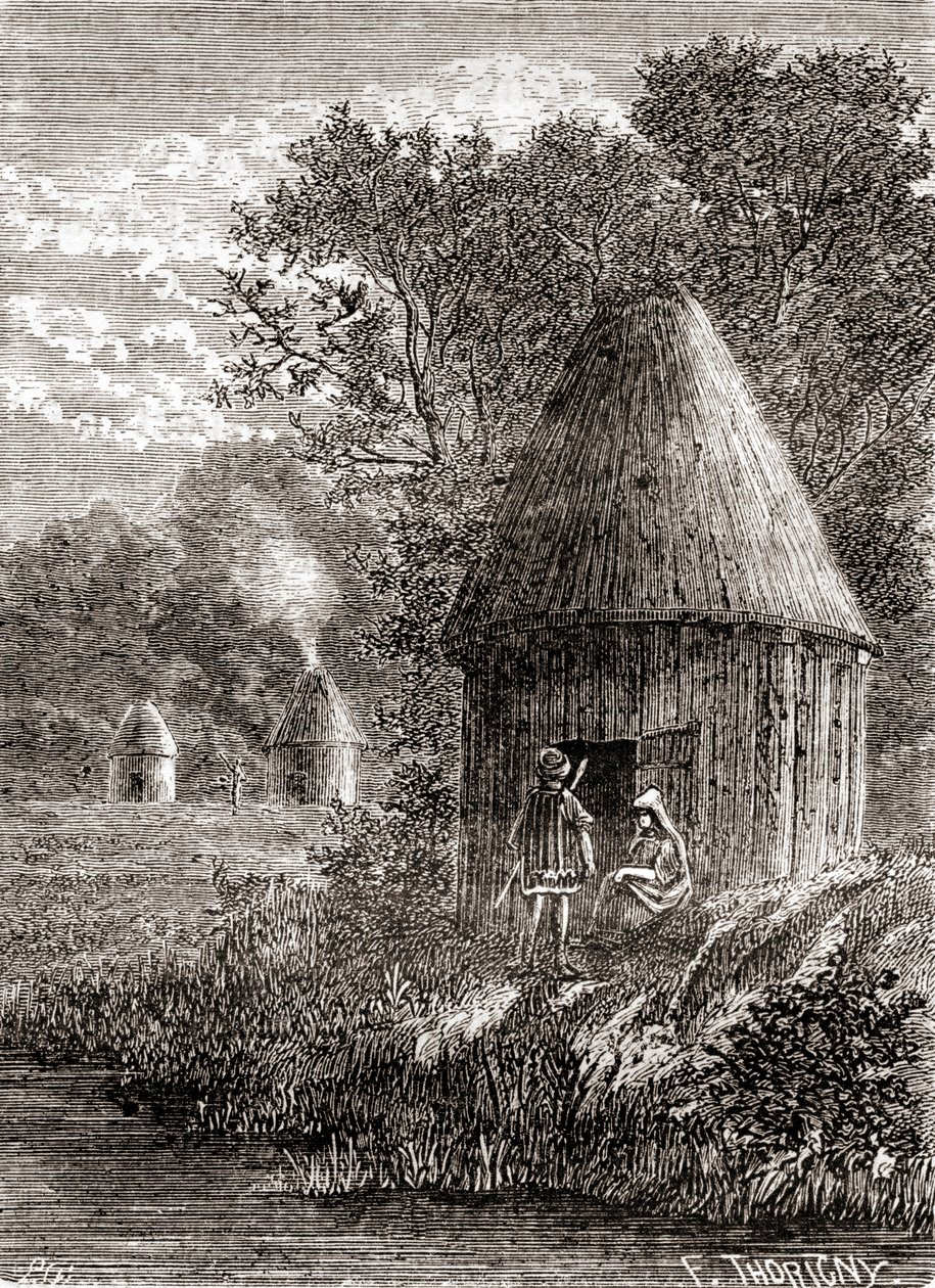 Varhaiset gallialaiset talot, pyöreä mökki, jonka katossa on reikä, jotta savu pääsee poistumasta, teoksesta "Les Merveilles de la Science", julkaistu n. 1870 (kaiverrus) tekijältä French School