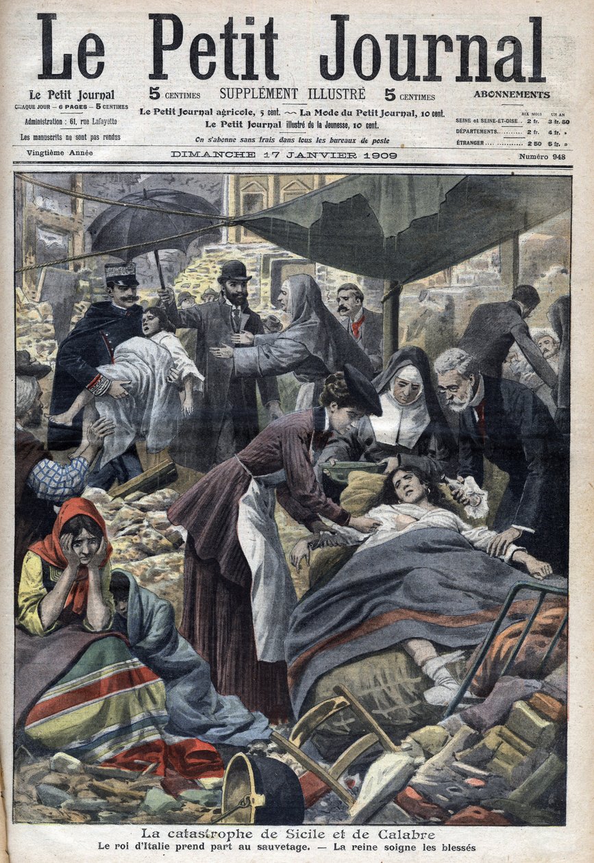 Maanjäristys Sisiliassa, Calabriassa 1909 "Le Petit Journal", tammikuu 1909 (kaiverrus) tekijältä French School