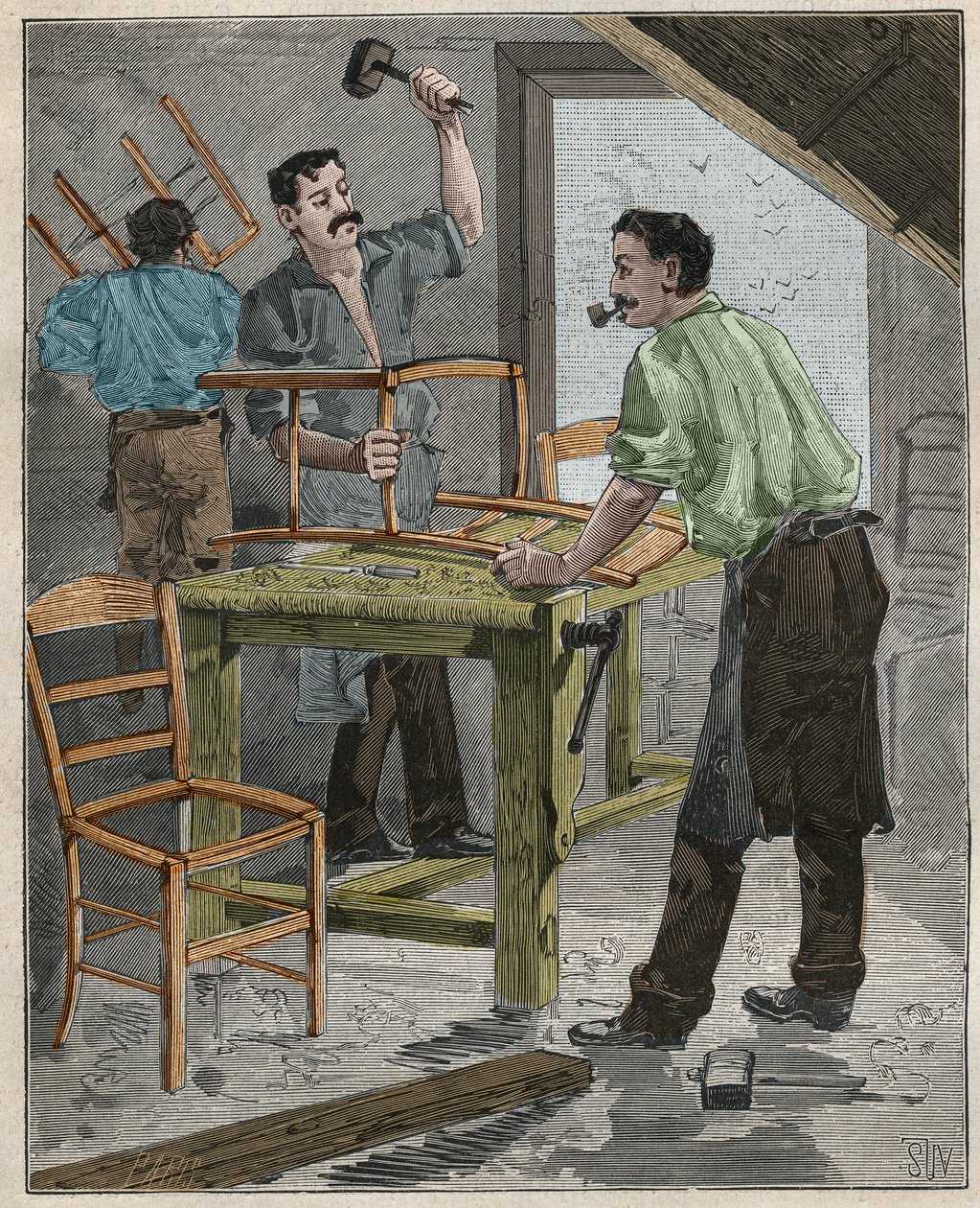 Ebenisterie: tuolien kokoaminen 1800-luvulla Ranskassa. Kaiverrus vuodelta 1885 kirjassa "Les arts et metiers illustres", kirjoittanut Adolphe BITARD. tekijältä French School