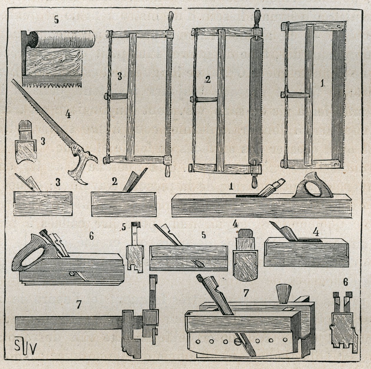 Ebenisterie: tavalliset työkalut, sahat ja höyläys. Kaiverrus vuodelta 1885 kirjassa "Les arts et metiers illustres", kirjoittanut Adolphe BITARD. tekijältä French School
