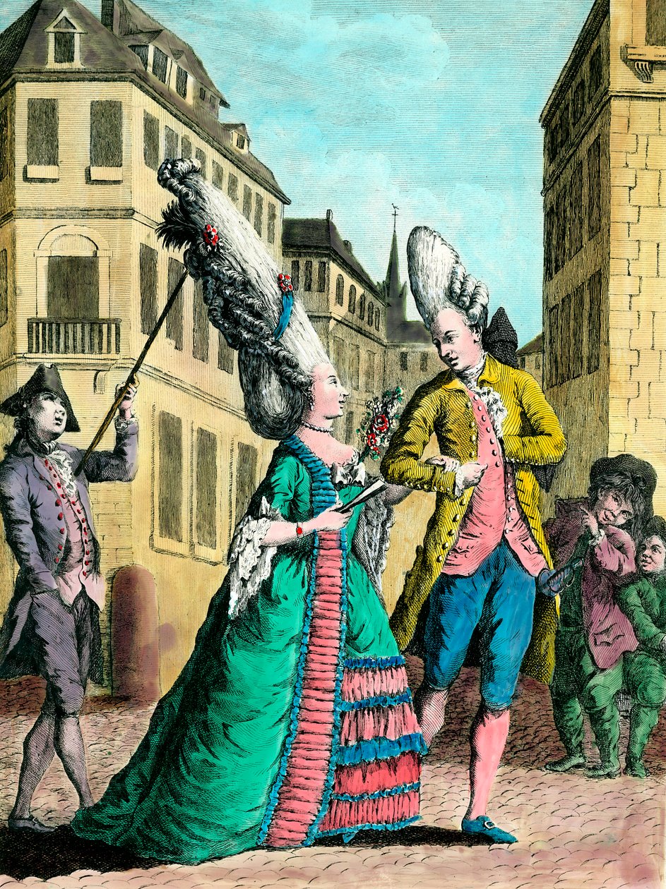 Eksentrinen kampaukset 1700-luvulla: ranskalainen nainen kävelyllä. Kaiverrus 1700-luvulta. Yksityinen kokoelma. tekijältä French School