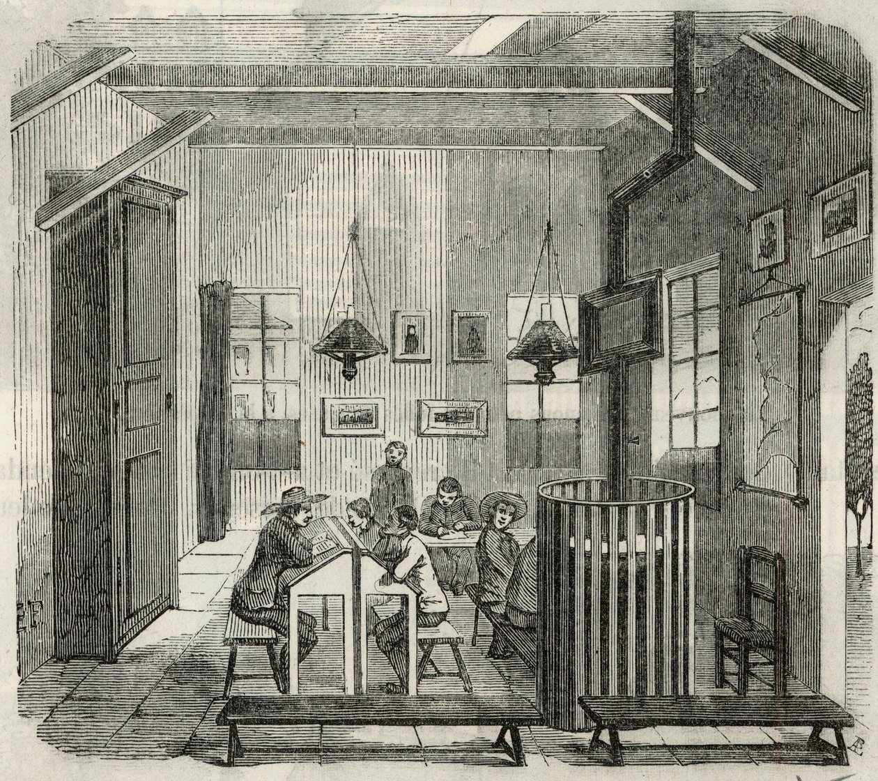 Idioottien koulu Bicetressä 1800-luvulla - Edmond Texierin kaiverrus Tableau-de-Parisissa 1852 tekijältä French School