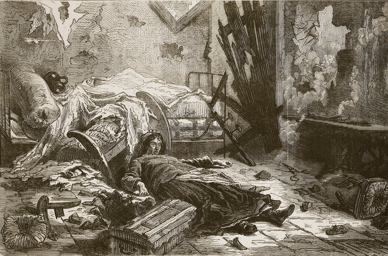 Kranaatin räjähdyksen vaikutukset taloon esikaupunkialueella toukokuussa 1871, kuvitus teoksesta "Cassell