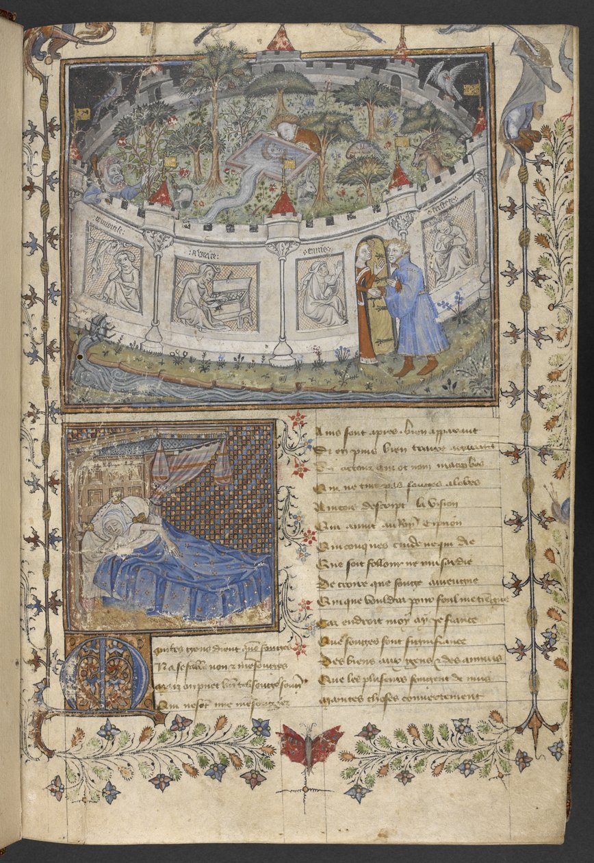 Egerton MS 1069 f.001r The Walled Garden, kuvitus teoksesta "Roman de la Rose", Guillaume de Lorris ja Jean de Meung, n. 1400 (muste ja väri pergamentilla) tekijältä French School