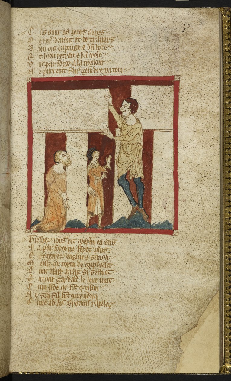 Egerton MS 3028 f.30r, Stonehenge rakennetaan Merlinin avulla 