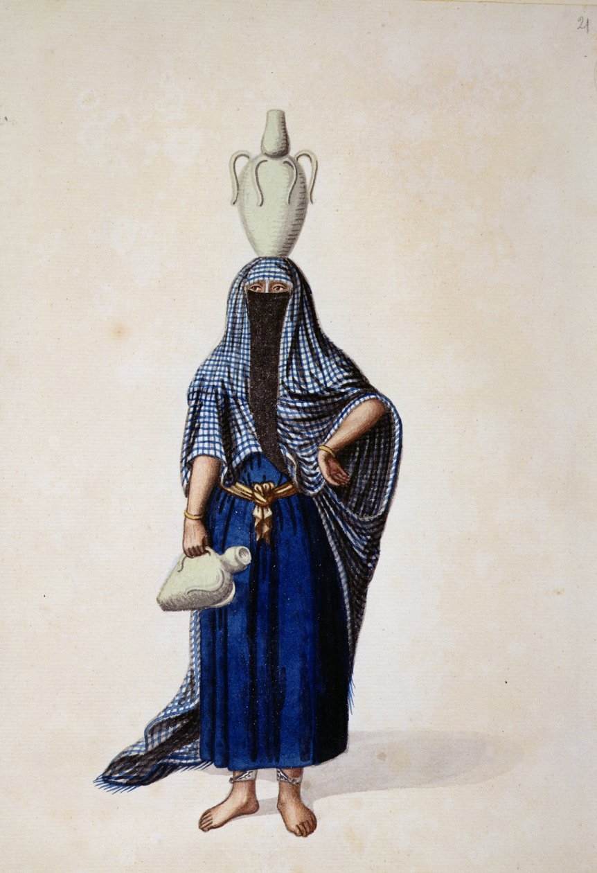 Egyptiläinen nainen kantoi Ibrik-vesipottia, luultavasti Cousinery, ottomaanien aika, 1700-luvun kolmas neljännes (wc paperilla) tekijältä French School