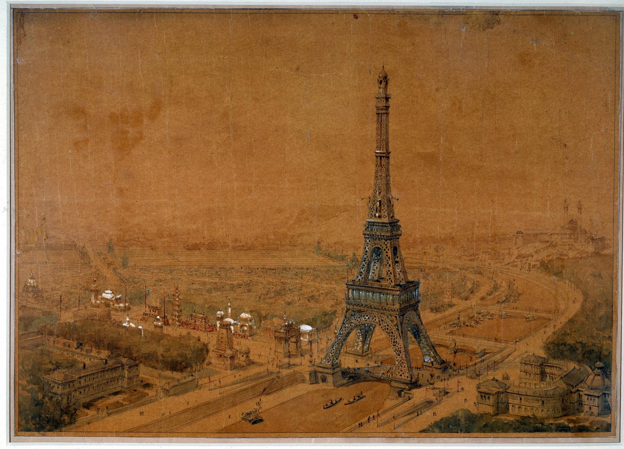 Vuoden 1886 kilpailun Eiffel-torniprojekti kieltäytyy vuoden 1889 näyttelystä. Piirustus vuodelta 1886. Paris, Kansallisarkisto tekijältä French School
