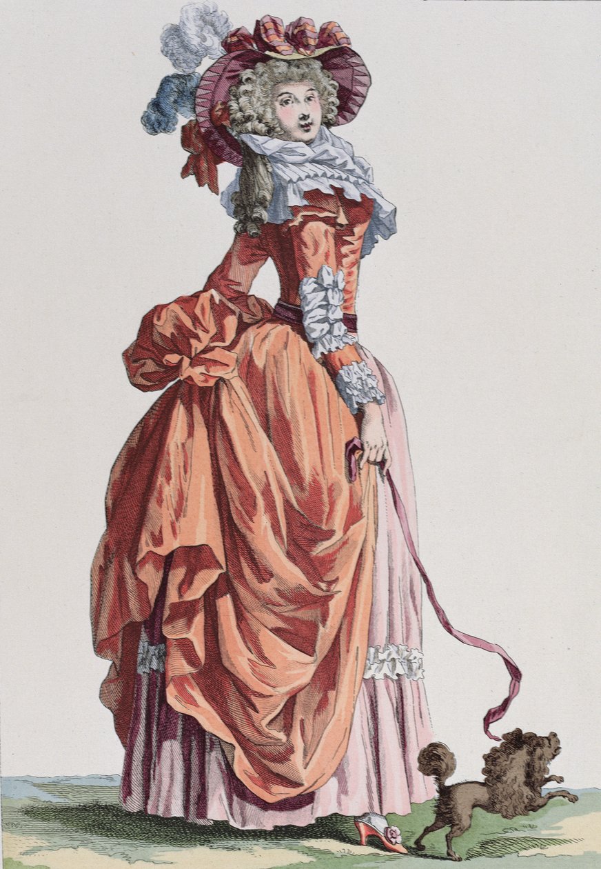 Tyylikäs nainen koiransa kanssa, muotilautanen Galerie des Modes et Costumes Francaisilta, kaiverrus Bacquoy (värikaiverrus) tekijältä French School