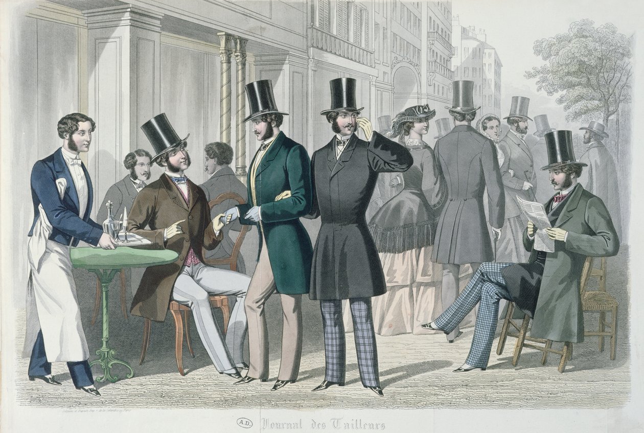 Elegantteja nuoria miehiä kahvilan terassilla, 1857 (värikaiverrus) tekijältä French School