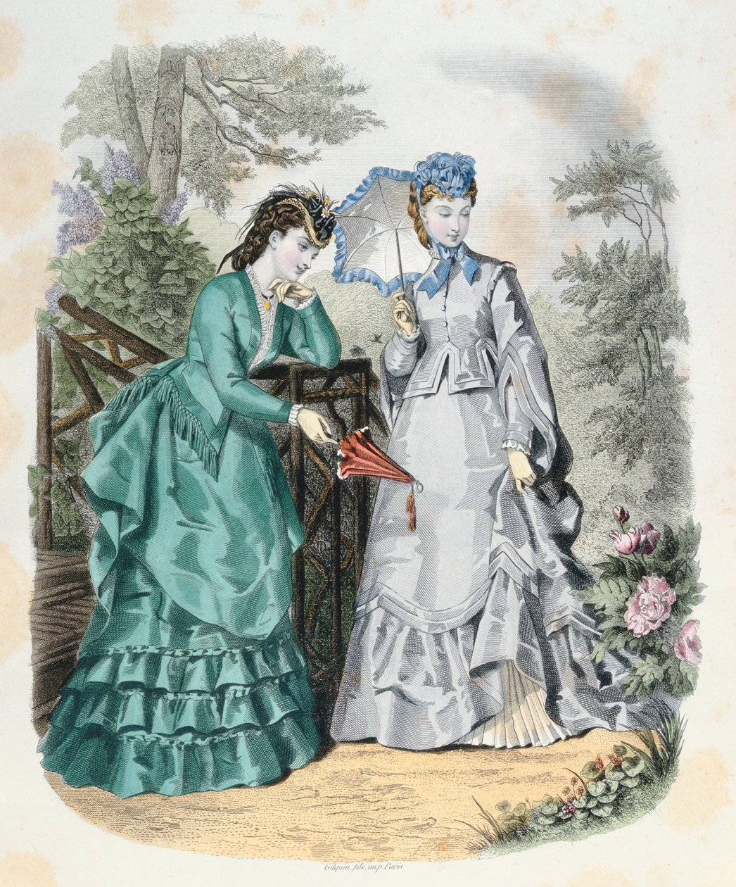 Tyylikkäitä naisia puutarhassa, La Mode Illustrée, 1871 tekijältä French School