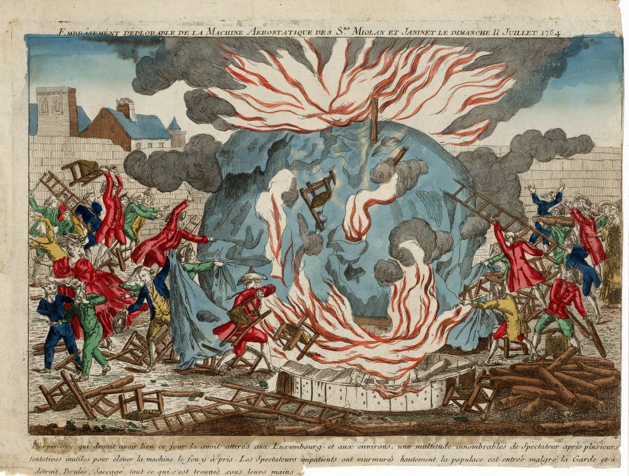 Srs:n aerostaattisen koneen valitettava palo. Miollan ja Janinet sunnuntaina 11. heinäkuuta 1784. pub. 1784 (käsinvärinen kaiverrus) tekijältä French School