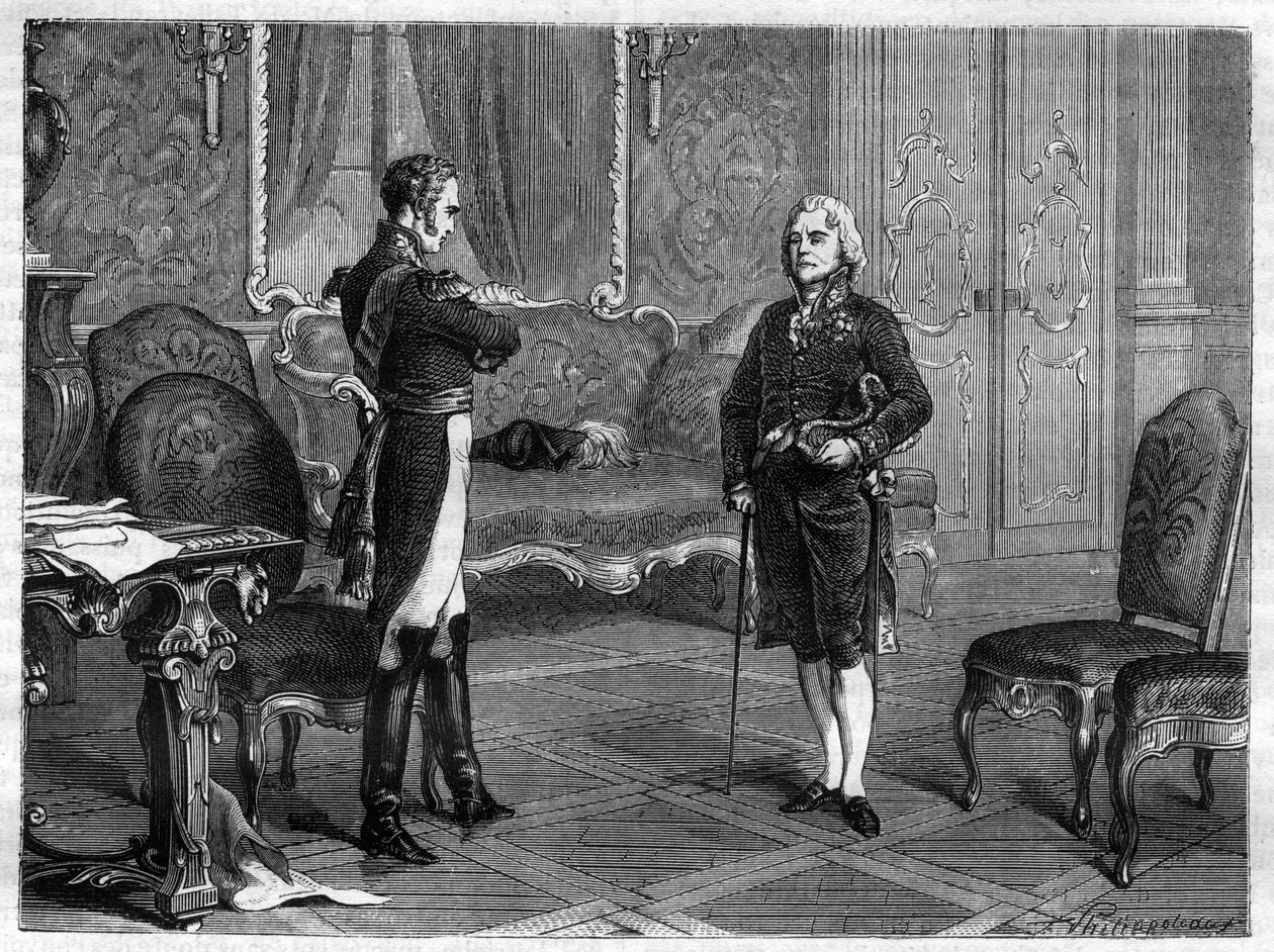 Venäjän keisari Aleksanteri I (1777-1825) (Alexandre) Charles Maurice de Talleyrand Perigordin (1754-1838) kanssa tekijältä French School