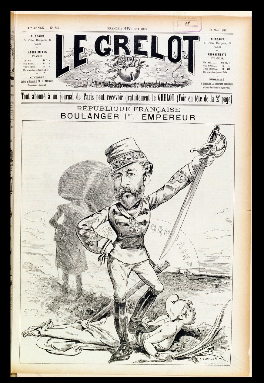 Keisari Boulanger Ensimmäinen, karikatyyri Le Grelotin etukannessa, 29. toukokuuta 1887 tekijältä French School