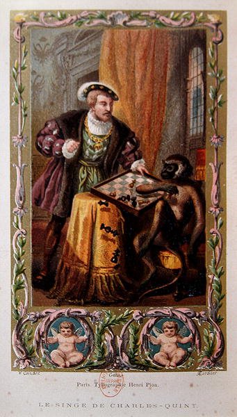 Keisari Kaarle V ja apina, kuvitus Collin de Plancyn teoksesta "Legends of the Seven Deadly Sins", julkaistu Pariisissa 1864 (värilitro). tekijältä French School