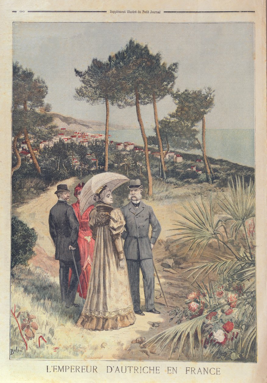 Itävallan keisari Franz Josef lomalla Ranskan Rivieralla vaimonsa keisarinna Elizabethin kanssa, 1894 (väri litho0 tekijältä French School