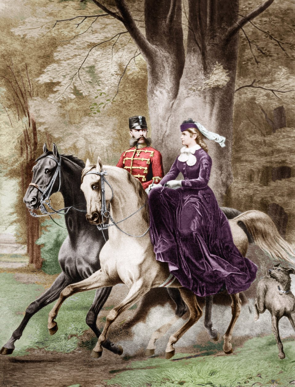 Keisari Franz Joseph I ja keisarinna Elisabeth Itävallan Wittelsbachista (1837-1898) ratsastamassa hevosilla (kaiverrus). tekijältä French School