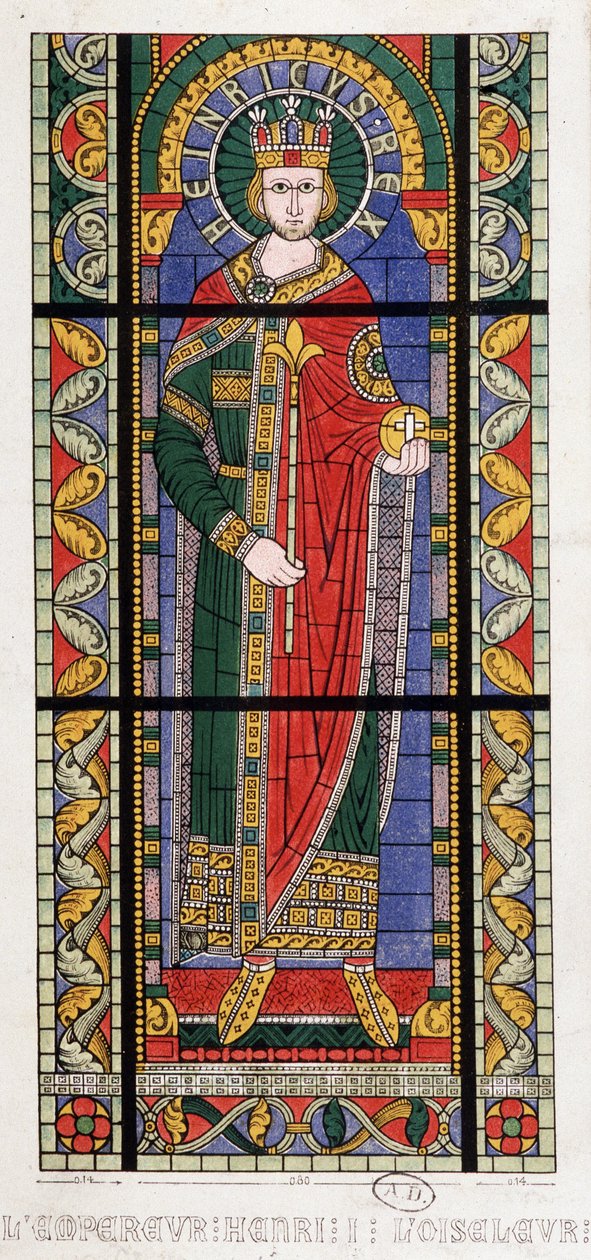 Keisari Henrik I Lintu (875-936). Lasimaalaus Cathedrale de Strasbourgista. tekijältä French School